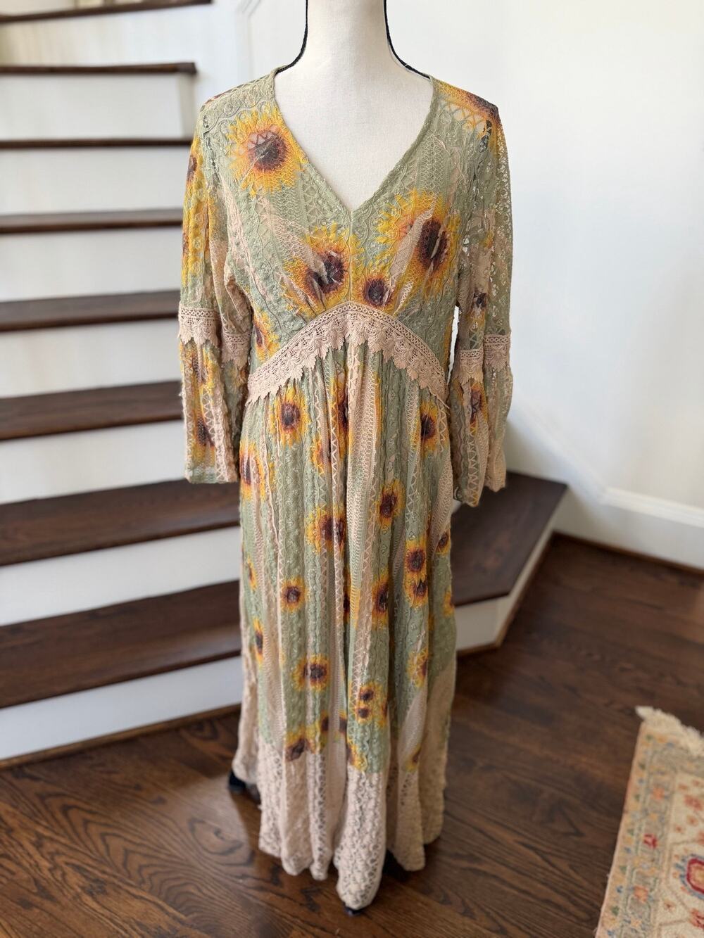 Origami Green Tan Sunflower Burnout Lace Trim Renaissance Boho Western Dress